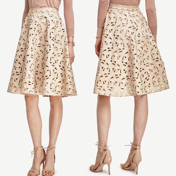 Ann Taylor Dresses & Skirts - Ann Taylor Tan and Dusty Rose Floral Eyelet A-Line Skirt - Size 6